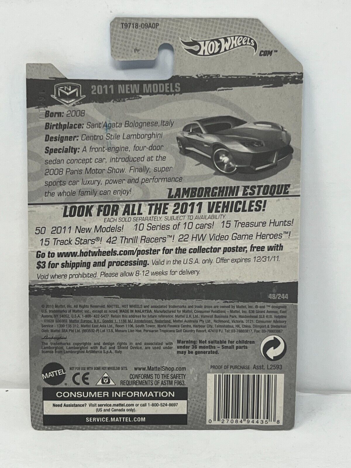 Hot Wheels 2011 New Models Lamborghini Estoque 1:64 Diecast Factory Sealed Grey