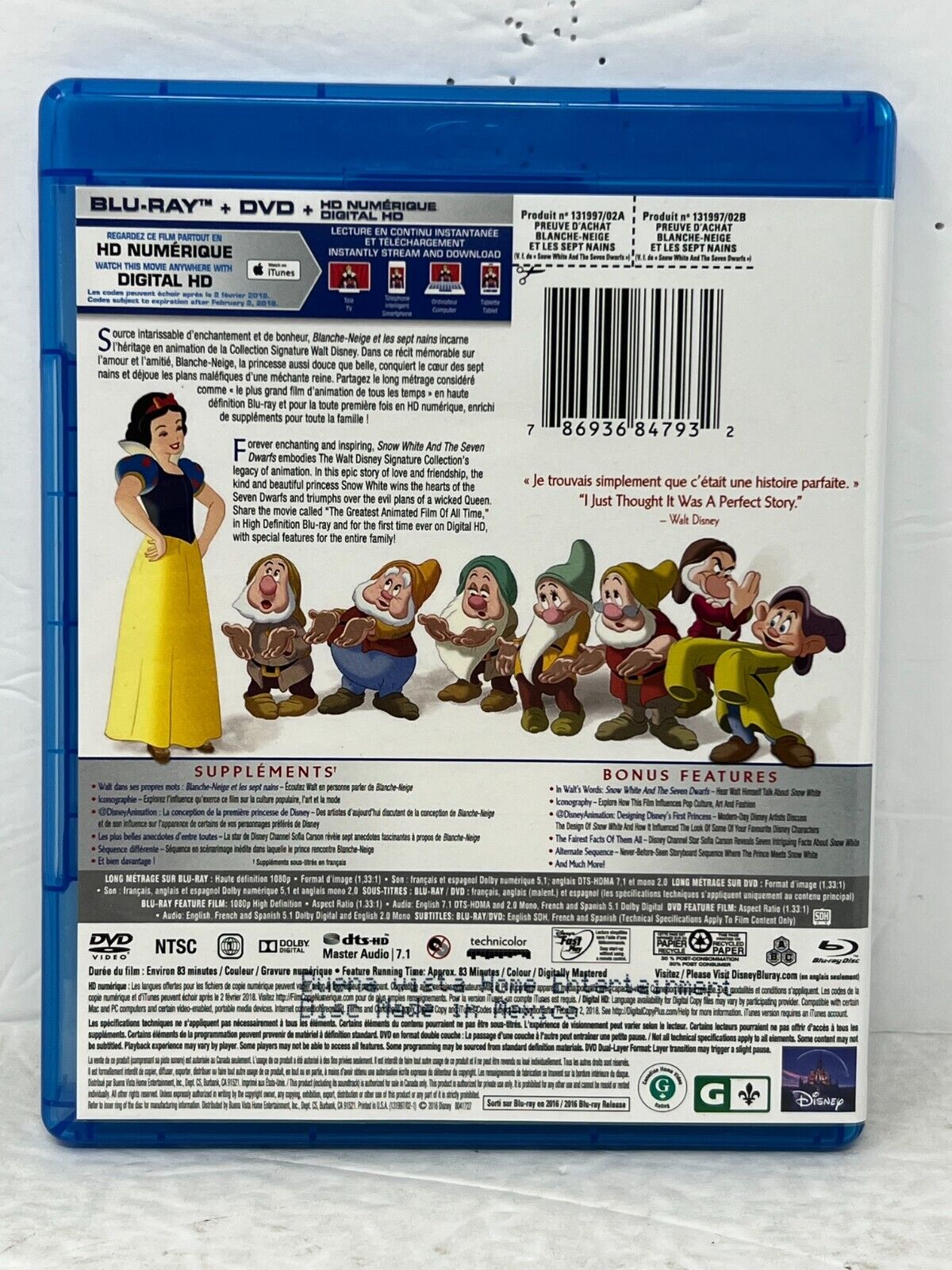 Snow White and the Seven Dwarfs (Blu-ray) Disney Classic Good Condition!!!