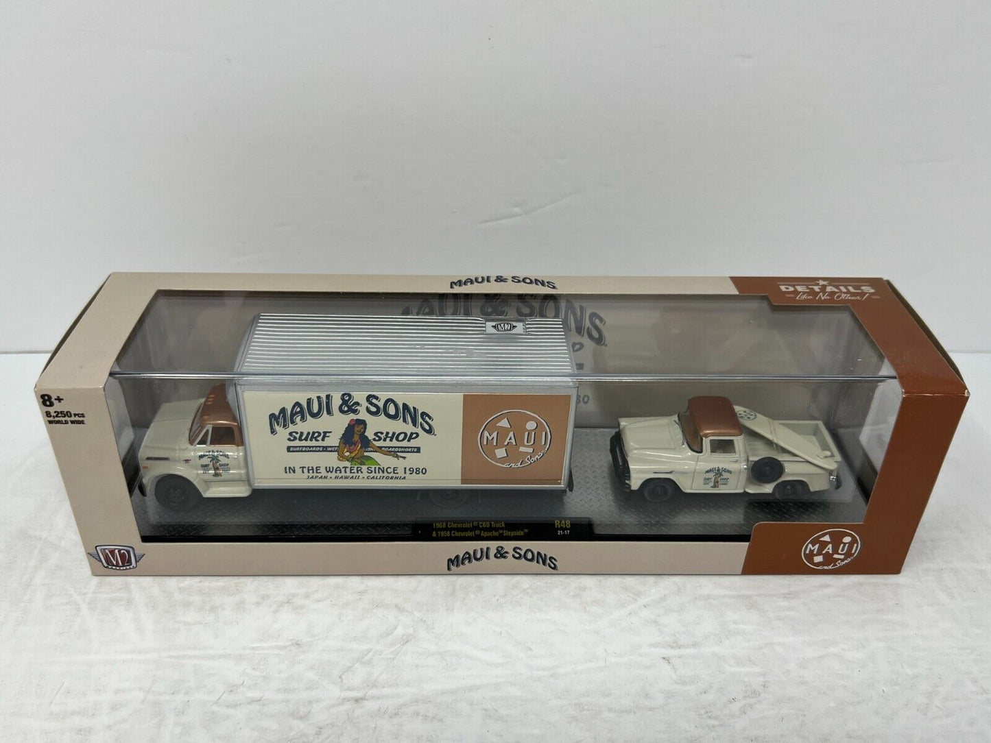 M2 Machines Maui & Sons C60 Truck & 1958 Chevy Apache Stepside 1:64 Diecast