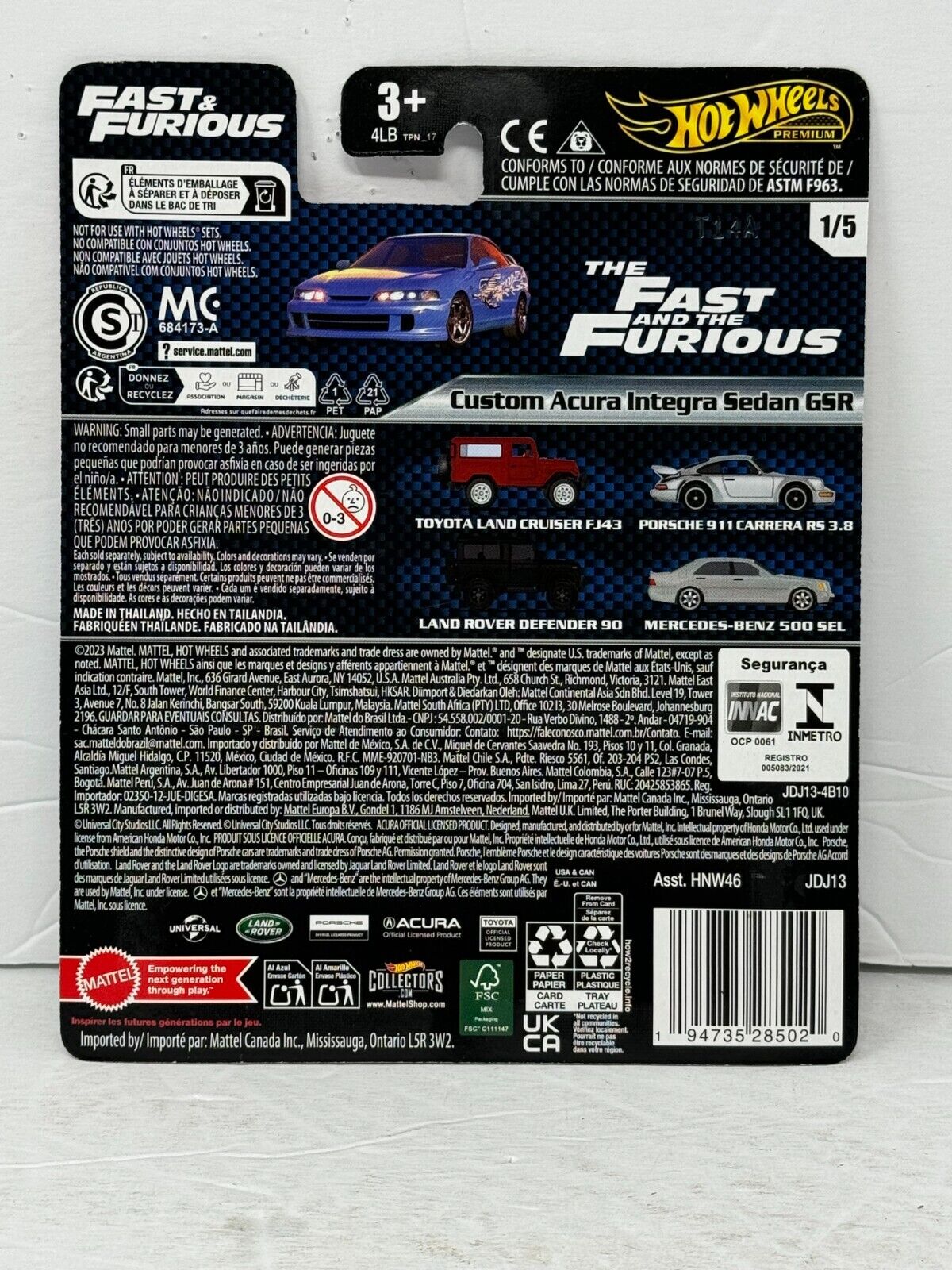 Hot Wheels Premium Custom Acura Integra Sedan GSR Fast & Furious 1:64 Diecast