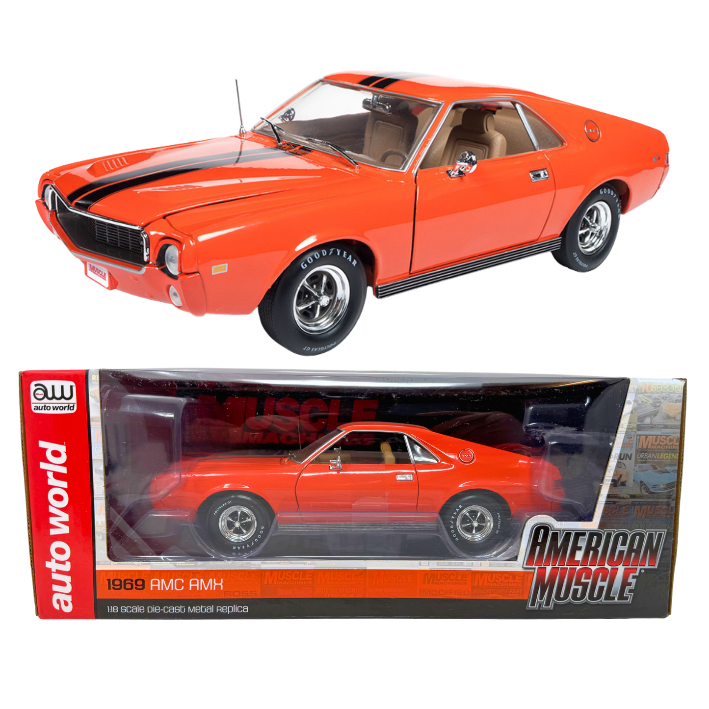 Auto World American Muscle Hemmings Muscle Machines AMC AMX Hardtop 1969 1:18 Diecast Big Bad Orange