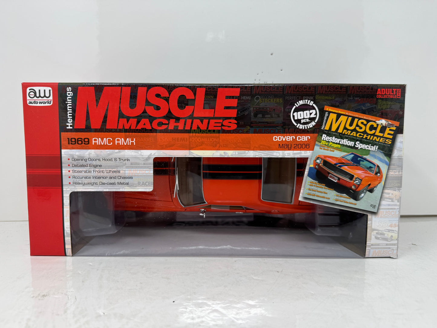 Auto World American Muscle Hemmings Muscle Machines AMC AMX Hardtop 1969 1:18 Diecast Big Bad Orange
