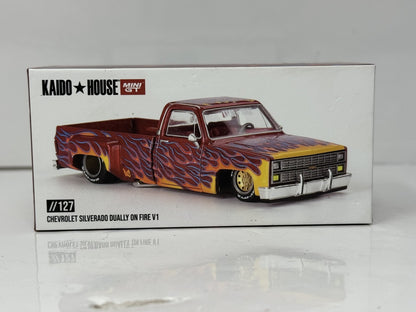 Kaido House MINI GT Chevrolet Silverado Dually On Fire V1 1:64 Diecast Red