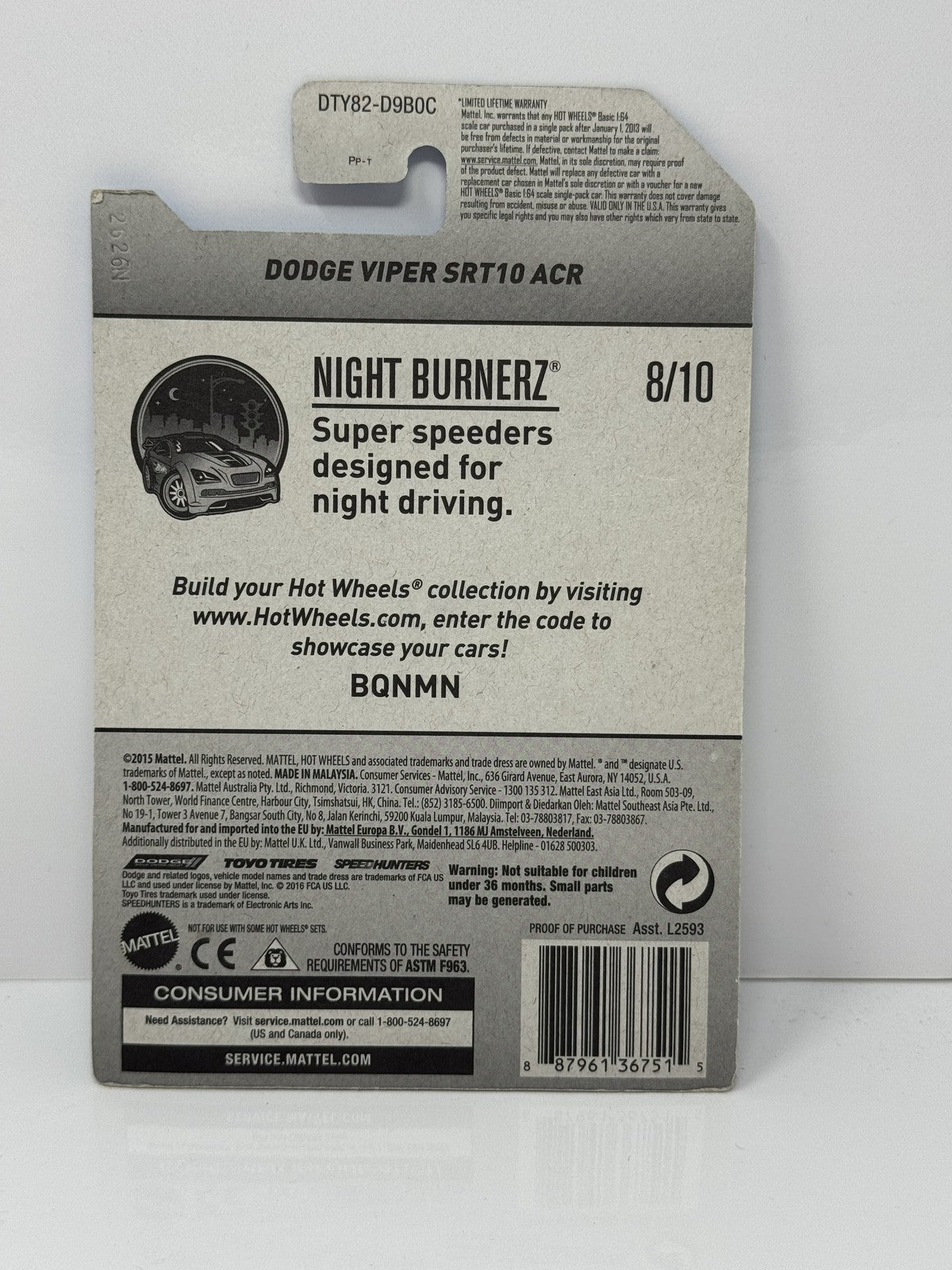 Hot Wheels Nightburnerz Dodge Viper SRT10 ACR 1:64 Diecast Light Blue