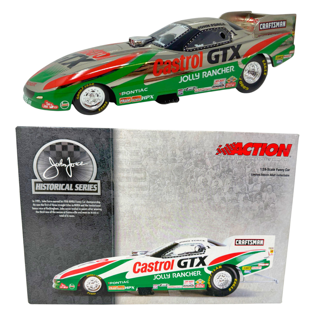 Action NHRA Historical John Force 1995 Pontiac Firebird Chrome 1:24 Diecast