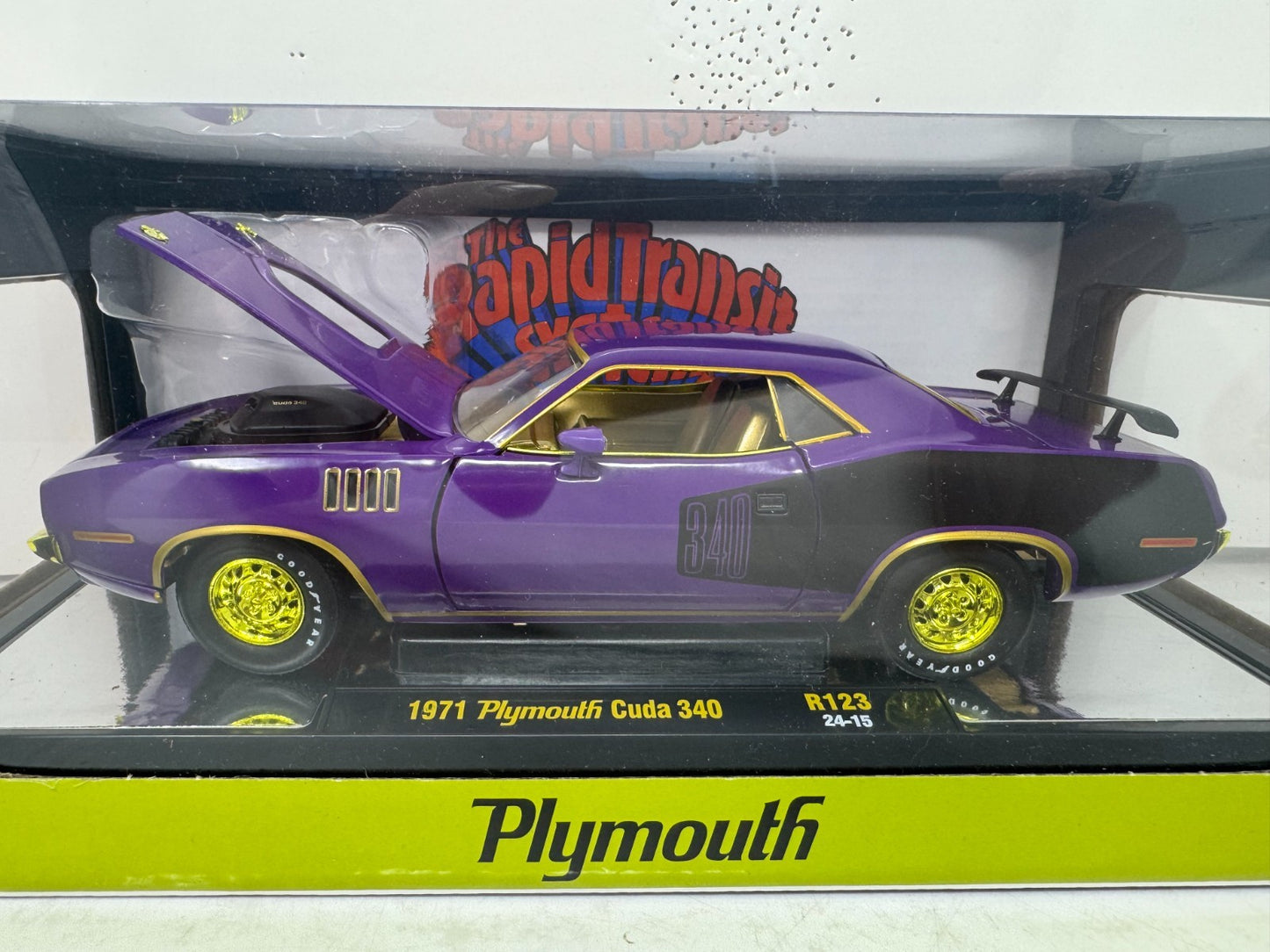 M2 Machines 1971 Plymouth Cuda 340 Rapid Transit CHASE 1:24 Diecast Gold Rims