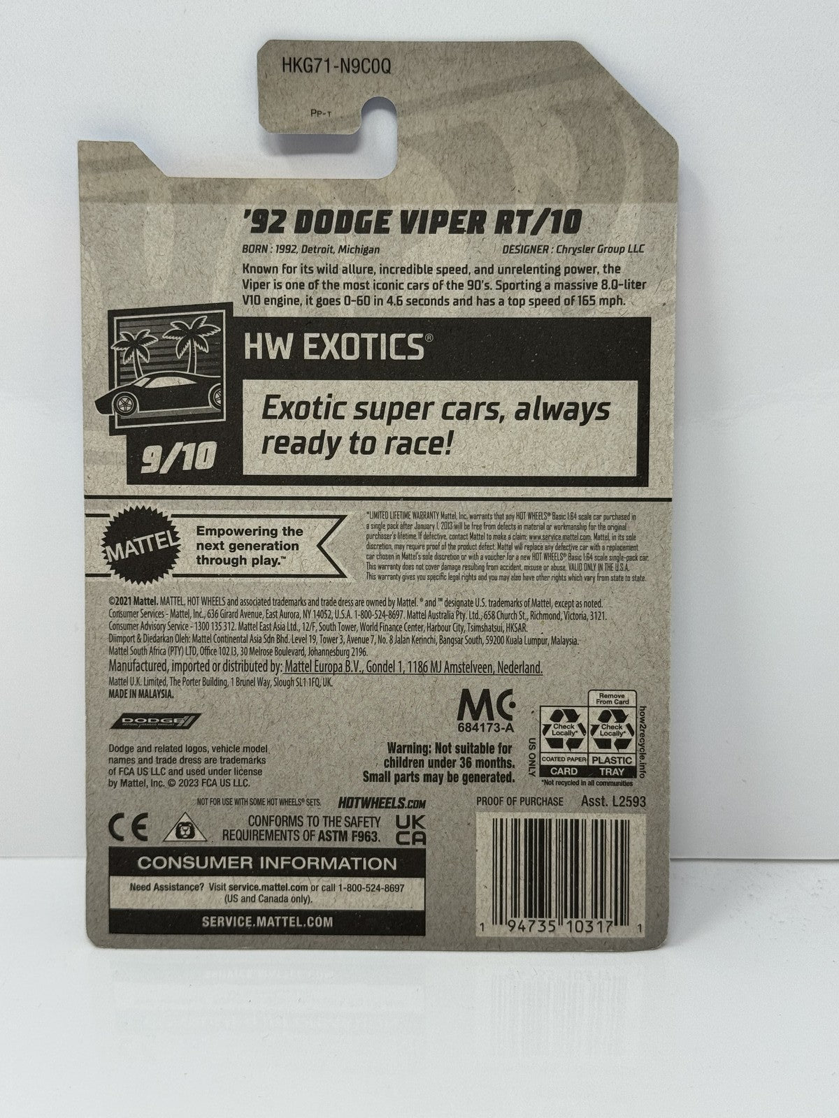 Hot Wheels HW Exotics 1992 Dodge Viper RT-10 1:64 Diecast Red