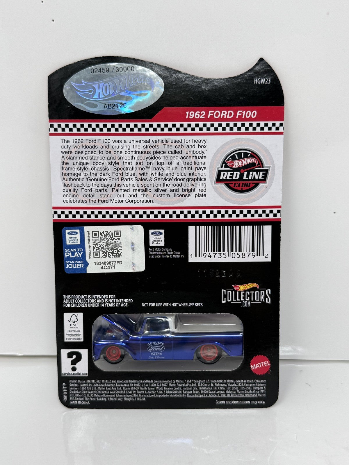 Hot Wheels RLC Red Line Club 1962 Ford F100 1:64 Diecast 2459/30000