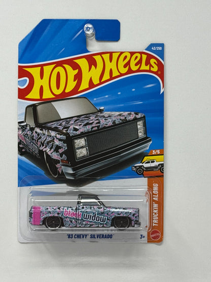 Hot Wheels Truckin’ Along 1983 Chevy Silverado Black Widow 1:64 Diecast