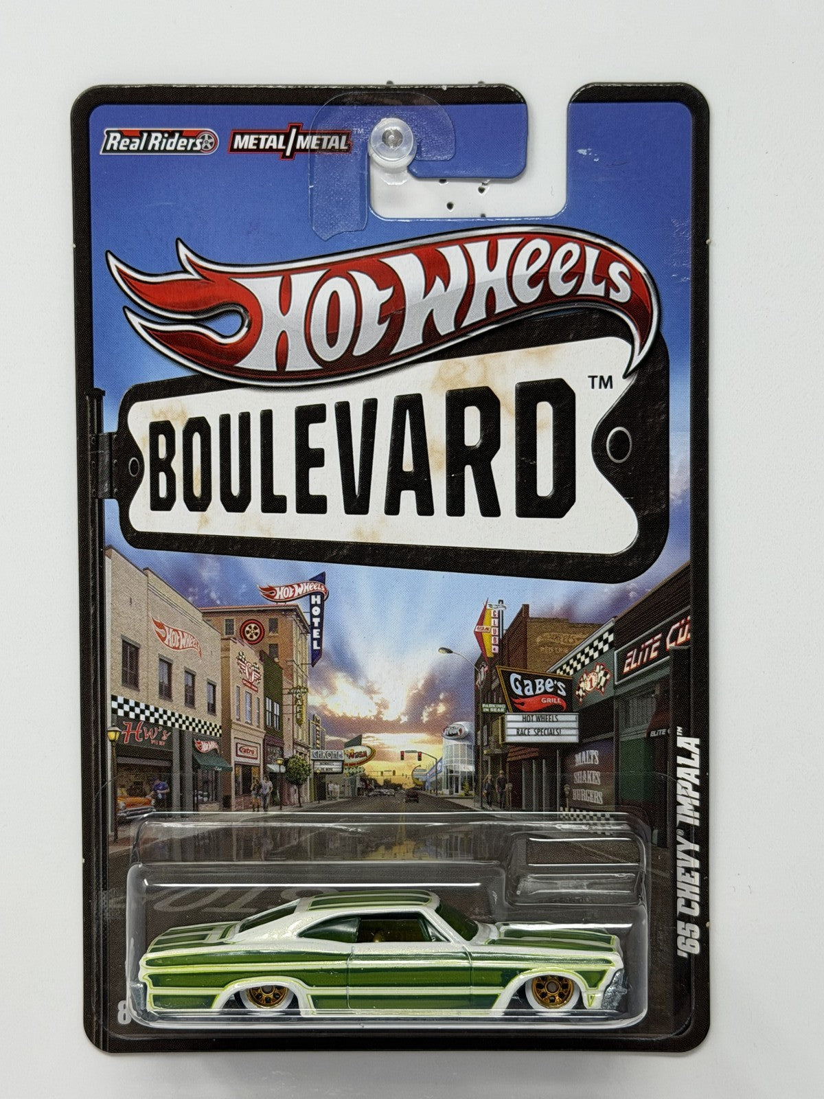 Hot Wheels Boulevard 1965 Chevrolet Impala 1:64 Diecast Real Riders Green White