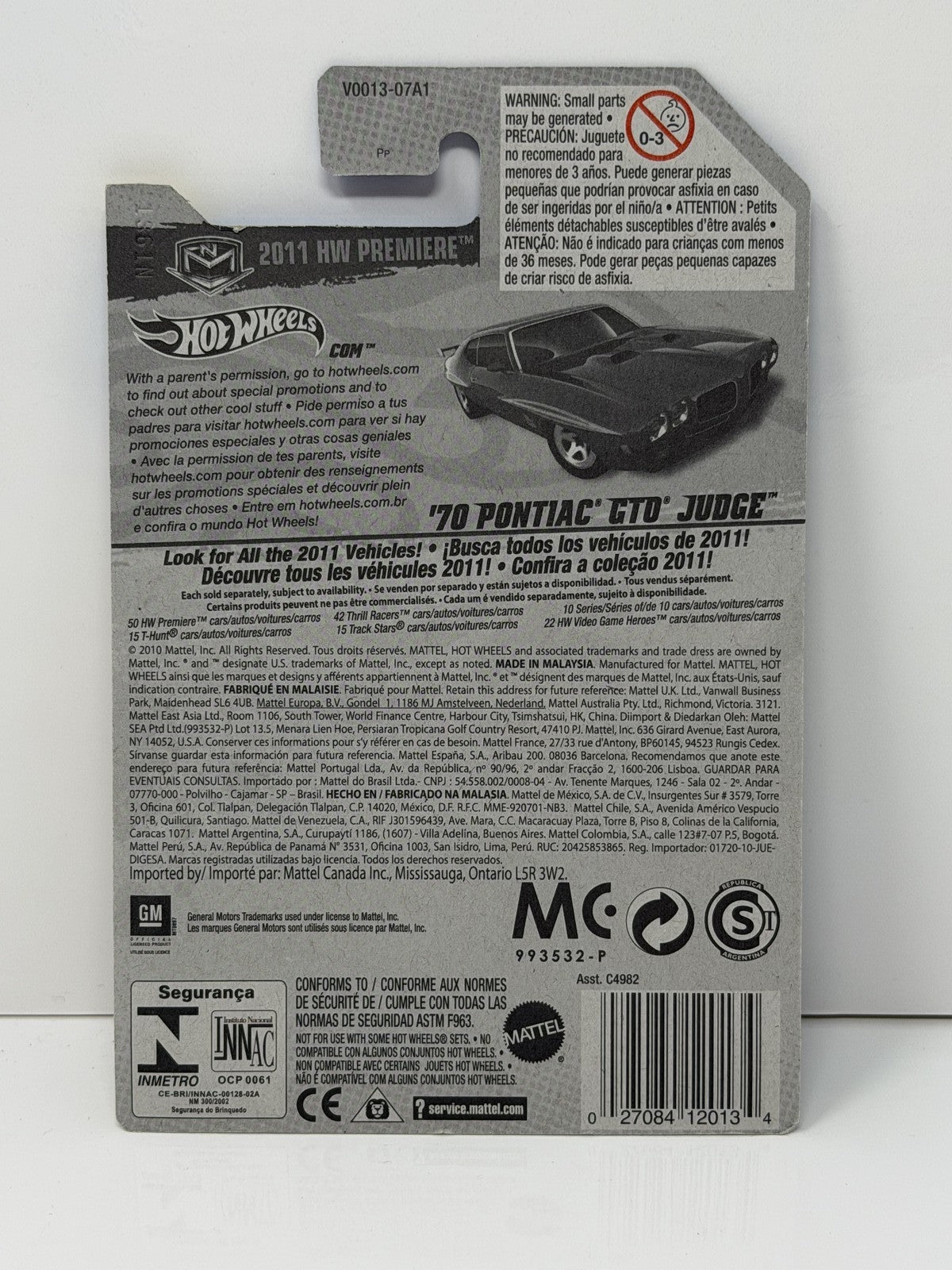 Hot Wheels 2011 HW Premiere 1970 Pontiac GTO Judge 1:64 Diecast Blue