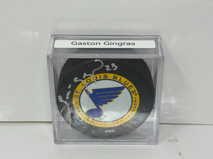 Gaston Gingras St. Louis Blues Signed NHL Autograph Puck Silver Auto