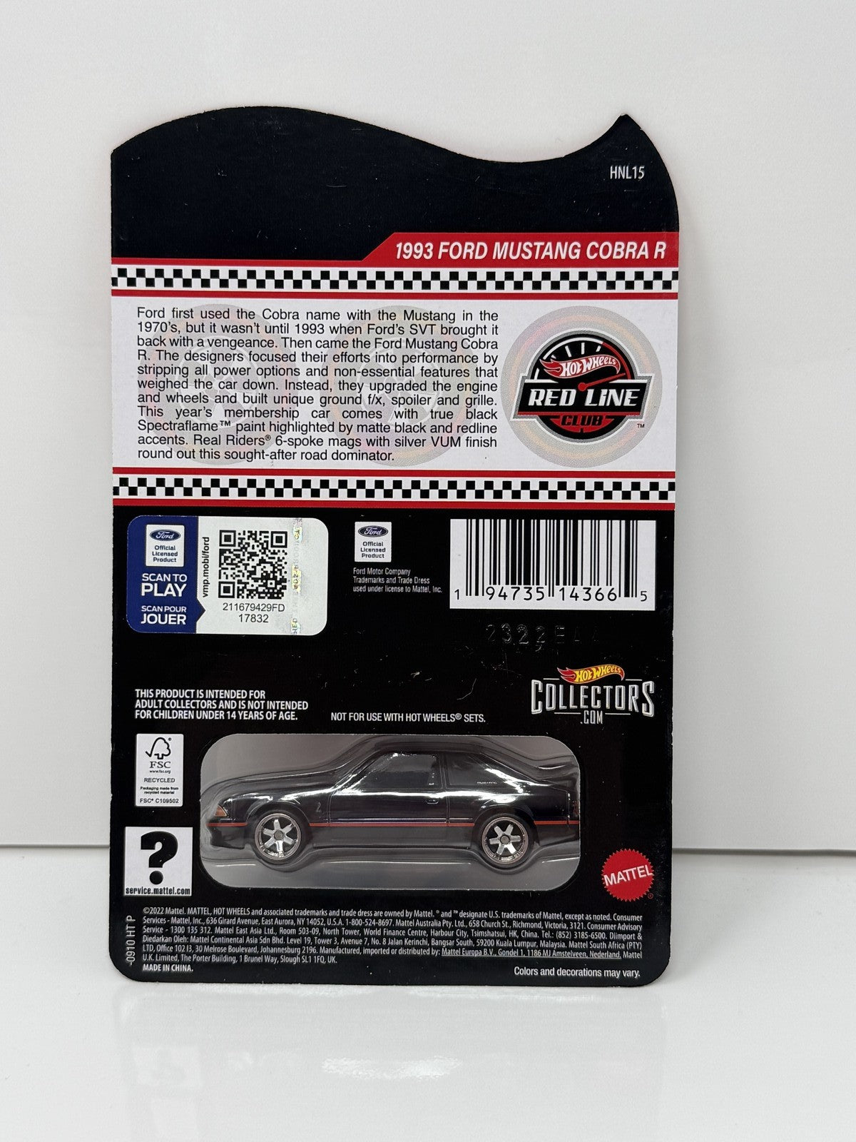 Hot Wheels RLC Red Line Club Car 1993 Ford Mustang Cobra R 1:64 Diecast Black