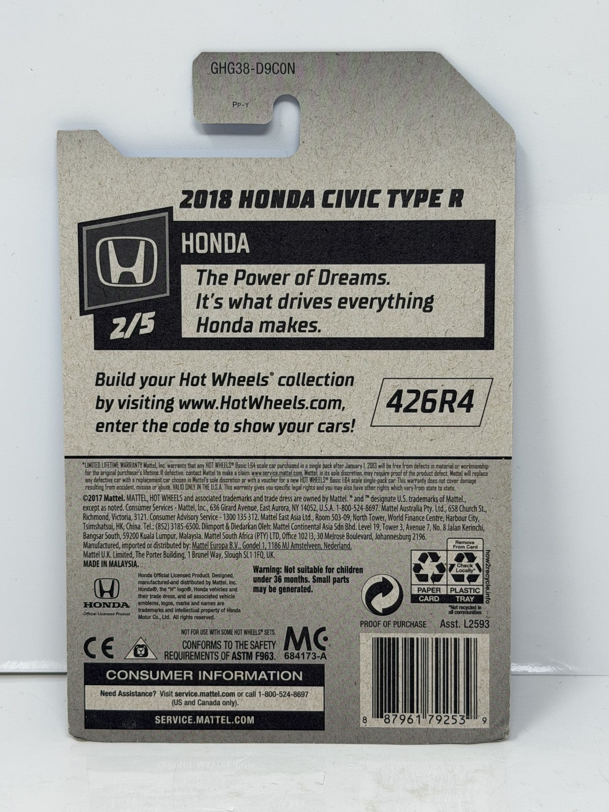 Hot Wheels ZAMAC Honda 2018 Honda Civic Type R 1:64 Diecast