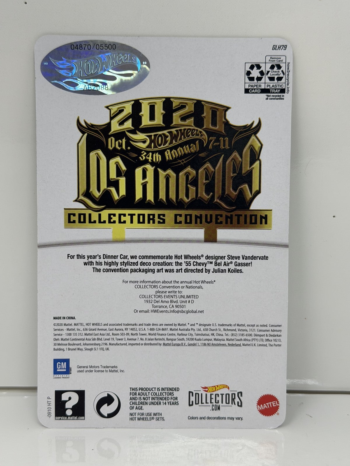 Hot Wheels 2020 34th Collector Convention 1955 Chevy Bel Air Gasser 1:64 Diecast