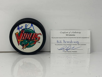 Bill Armstrong Detroit Vipers Signed Hockey Autograph Puck Blue Auto