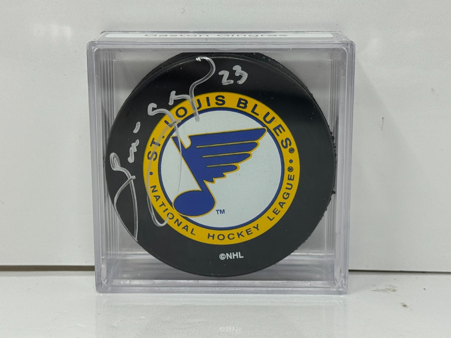Gaston Gingras St. Louis Blues Signed NHL Autograph Puck Silver Auto