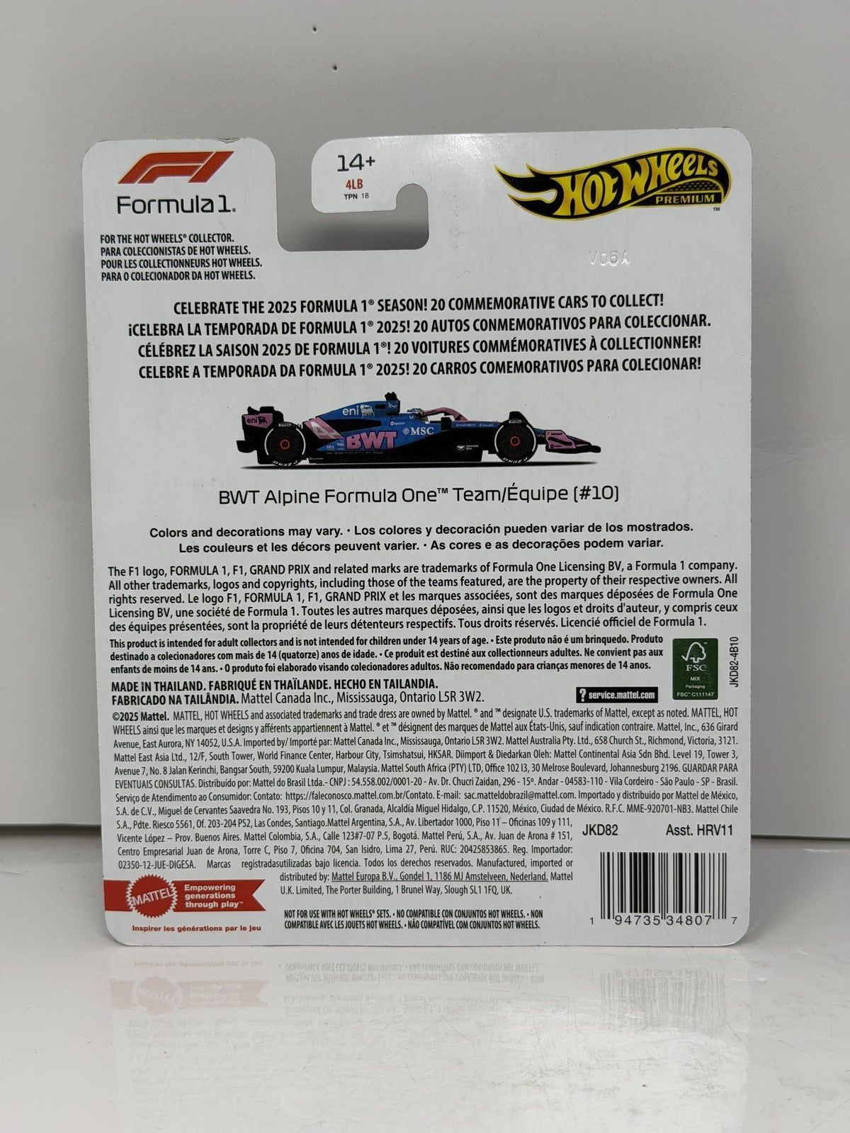 Hot Wheels Premium Formula 1 BWT Alpine Team #10 1:64 Diecast