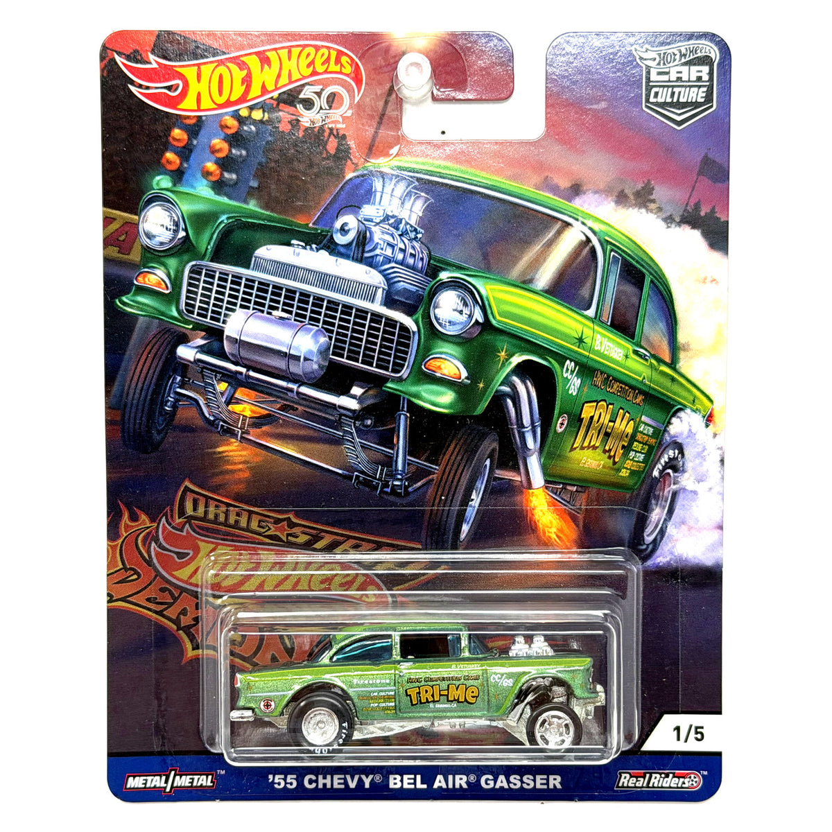 Hot Wheels Drag Strip Demons 1955 Chevy Bel Air Gasser 1:64 Diecast Real Riders