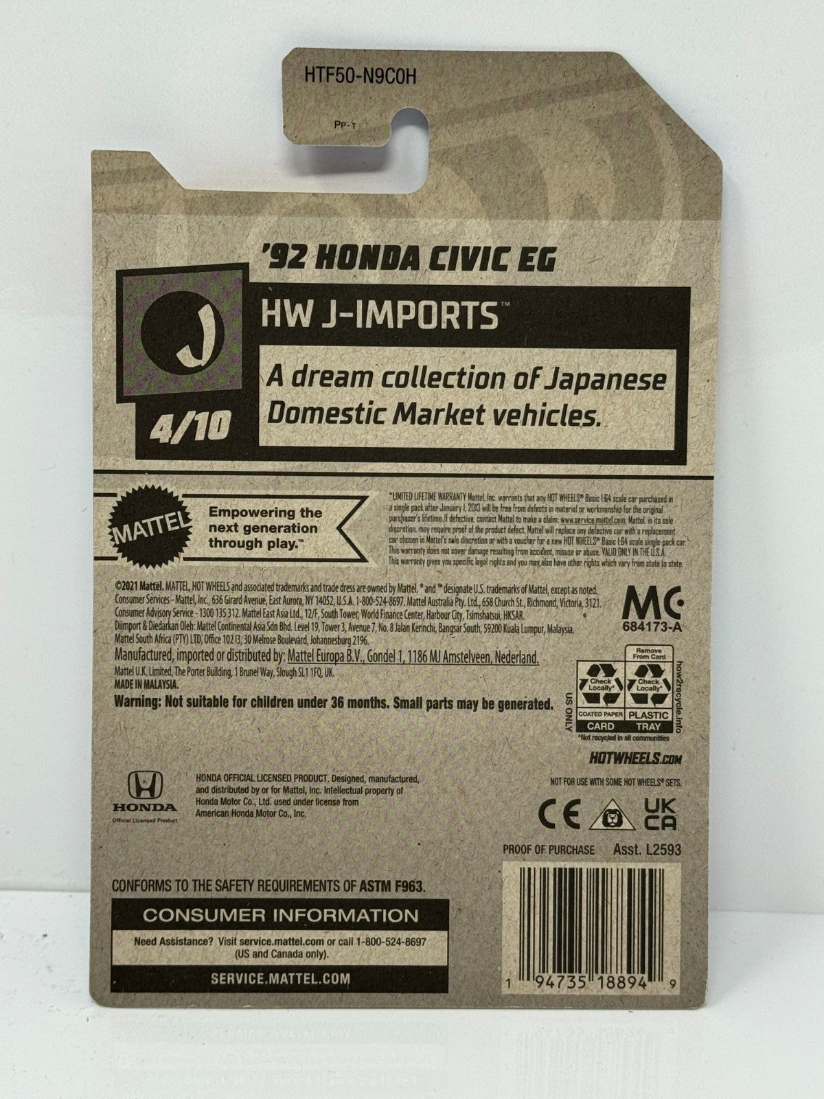 Hot Wheels HW J-Imports 1992 Honda Civic EG ZAMAC 1:64 Diecast