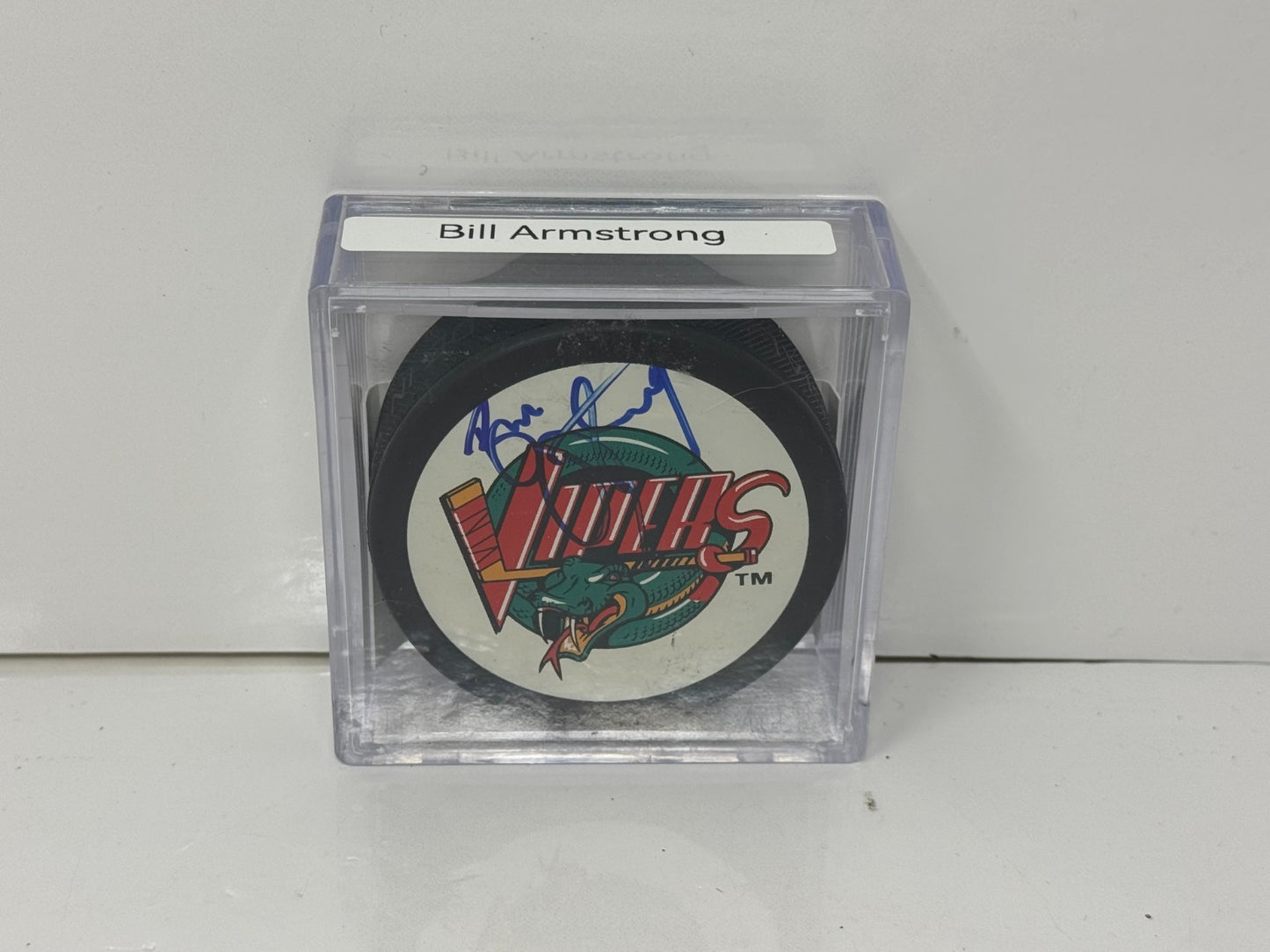 Bill Armstrong Detroit Vipers Signed Hockey Autograph Puck Blue Auto