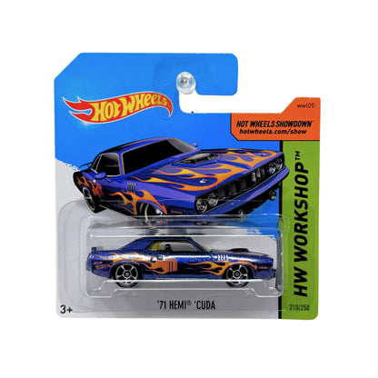 Hot Wheels HW Workshop 1971 Hemi Cuda 1:64 Diecast Short Card Blue Flames