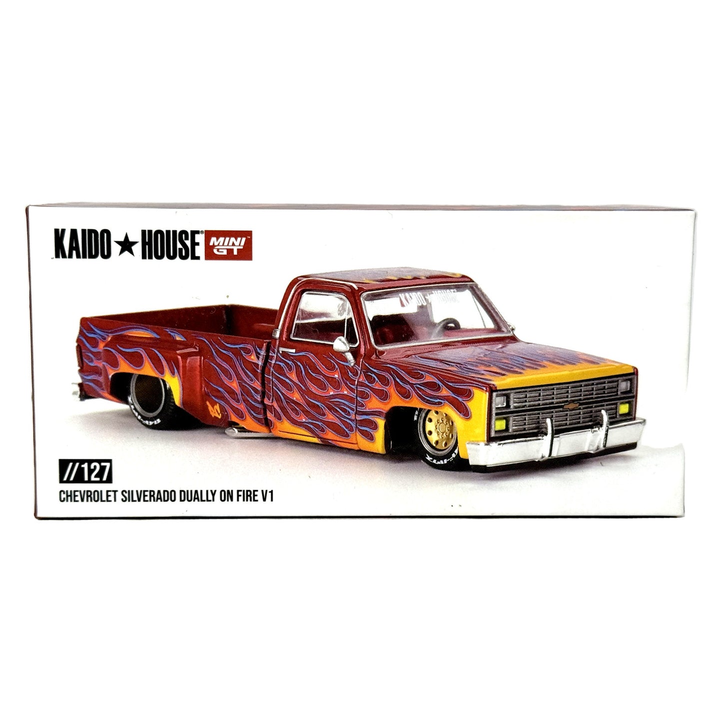 Kaido House MINI GT Chevrolet Silverado Dually On Fire V1 1:64 Diecast Red
