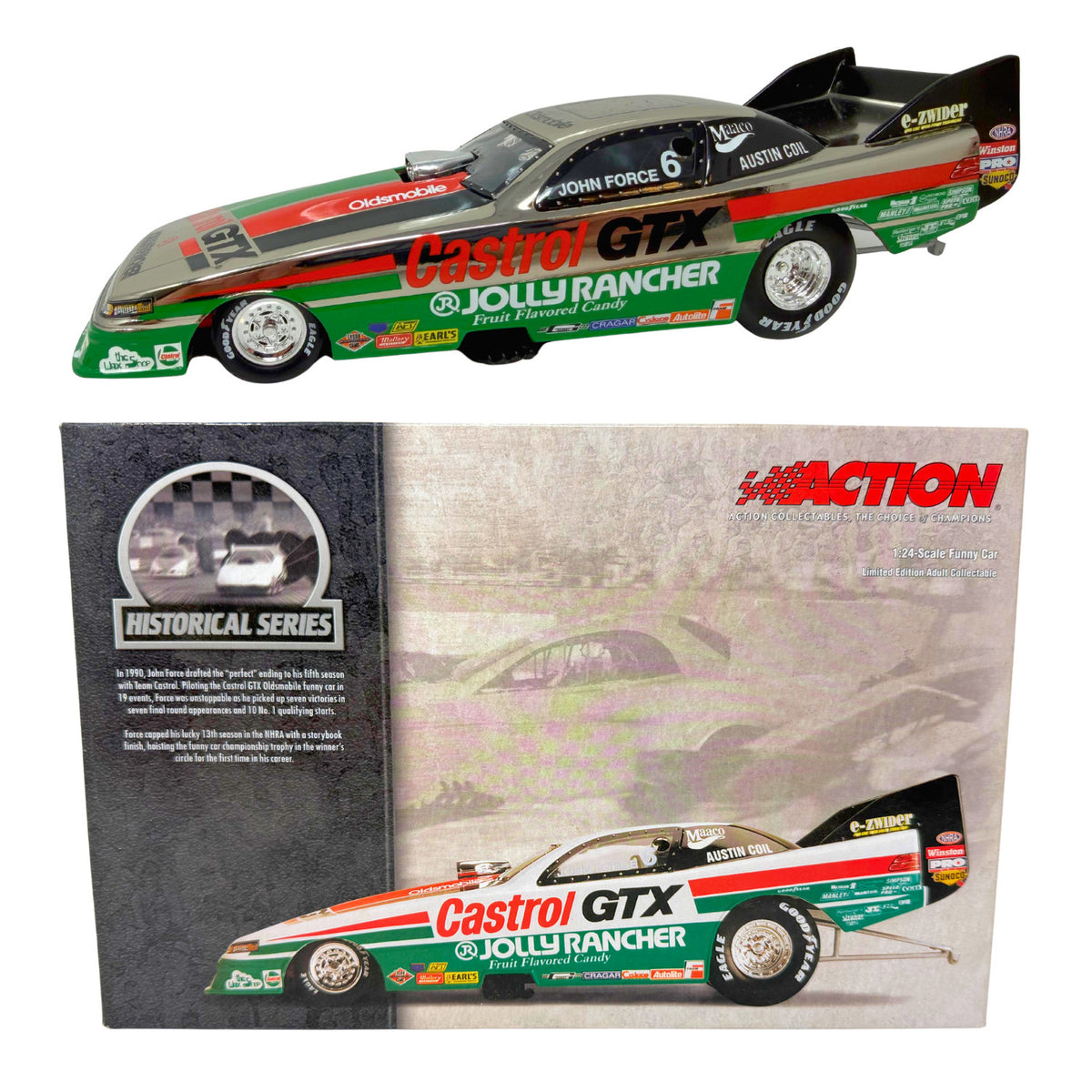 Action NHRA Historical John Force 1990 Oldsmobile Chrome 1 of 390 1:24 Diecast