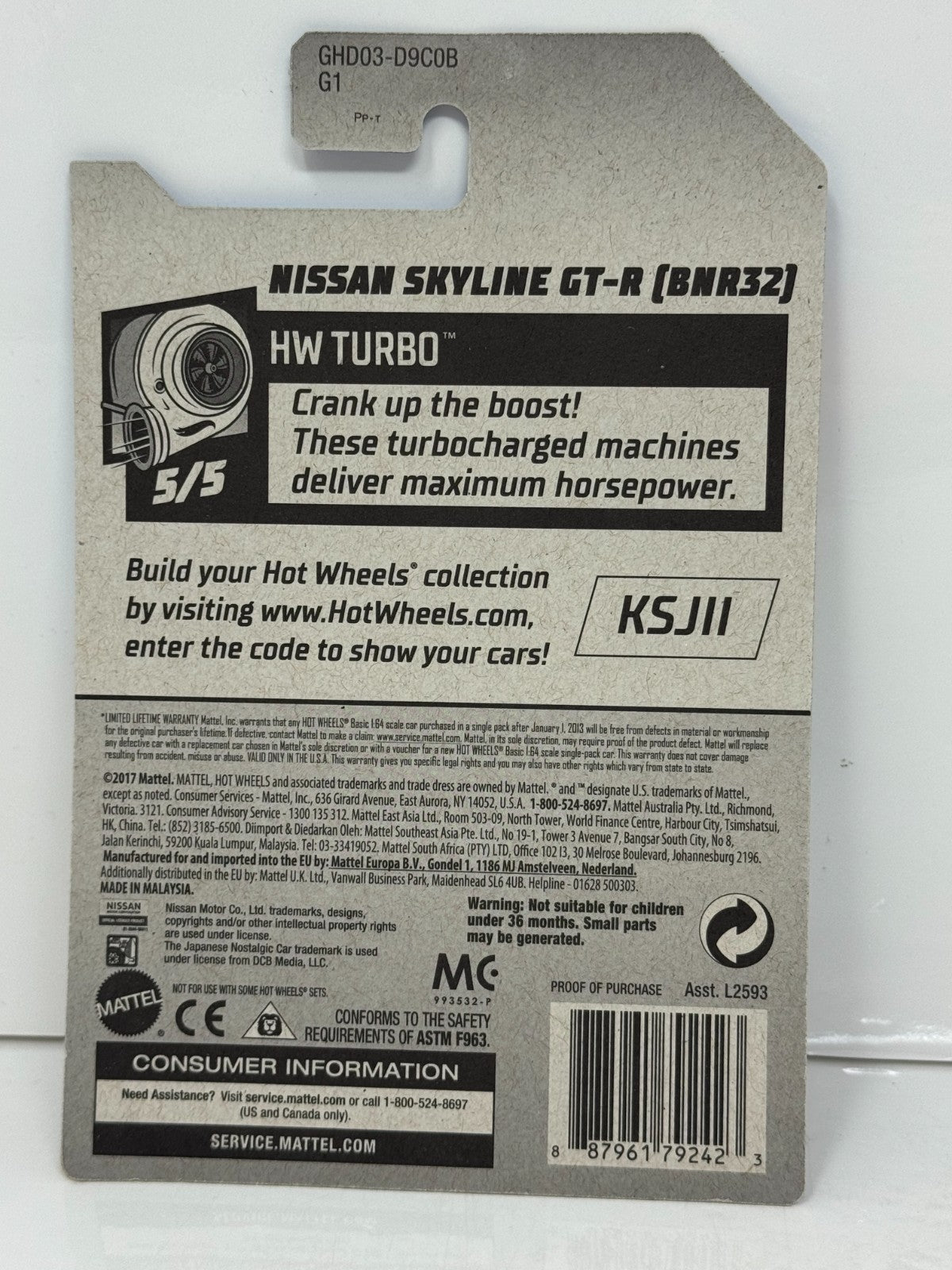 Hot Wheels Turbo Nissan Skyline GT-R BNR32 1:64 Diecast Gray