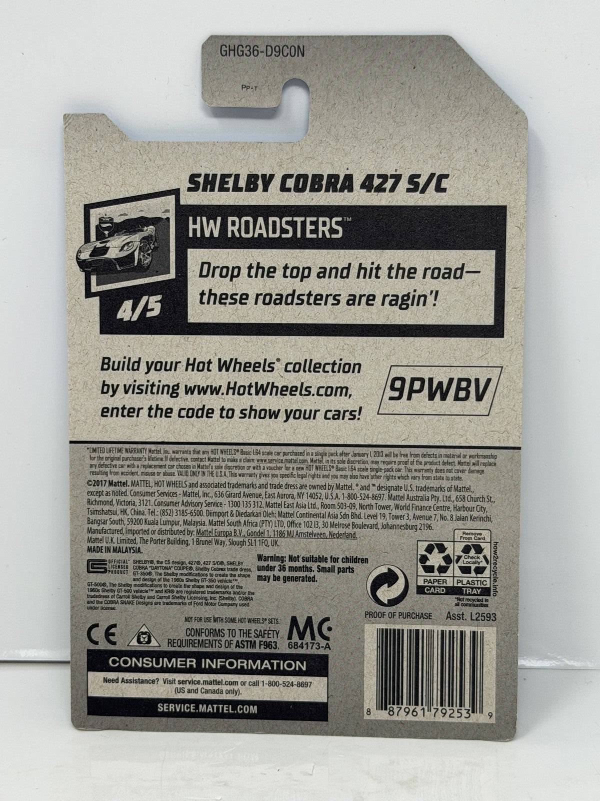 Hot Wheels ZAMAC HW Roadsters Shelby Cobra 427 S/C 1:64 Diecast