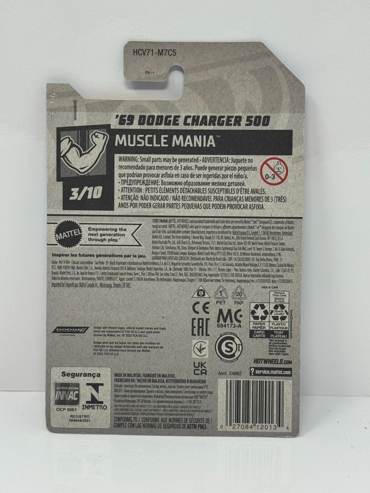 Hot Wheels Muscle Mania 1969 Dodge Charger 500 1:64 Diecast Gray Orange
