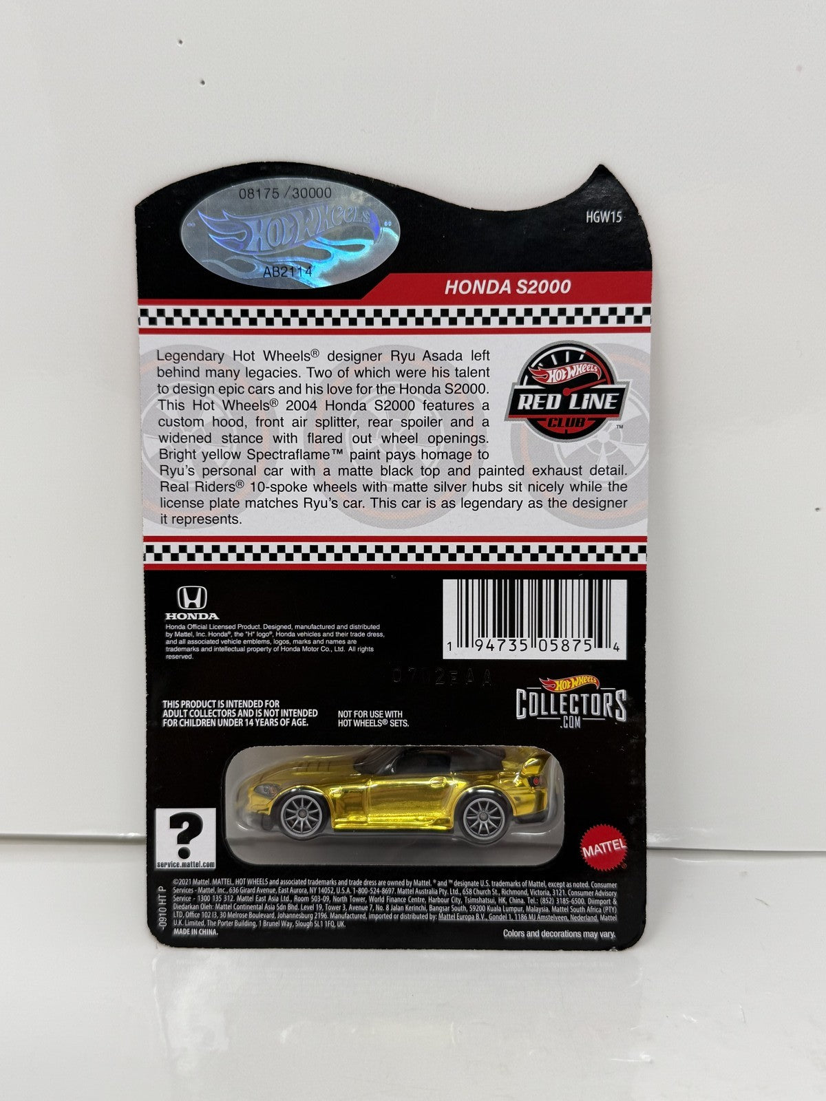 Hot Wheels RLC Red Line Club Honda S2000 Ryu Asada 1:64 Diecast 8175/30000