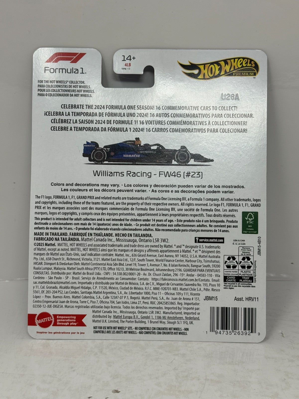 Hot Wheels Premium Formula 1 Williams Racing FW46 #23 1:64 Diecast