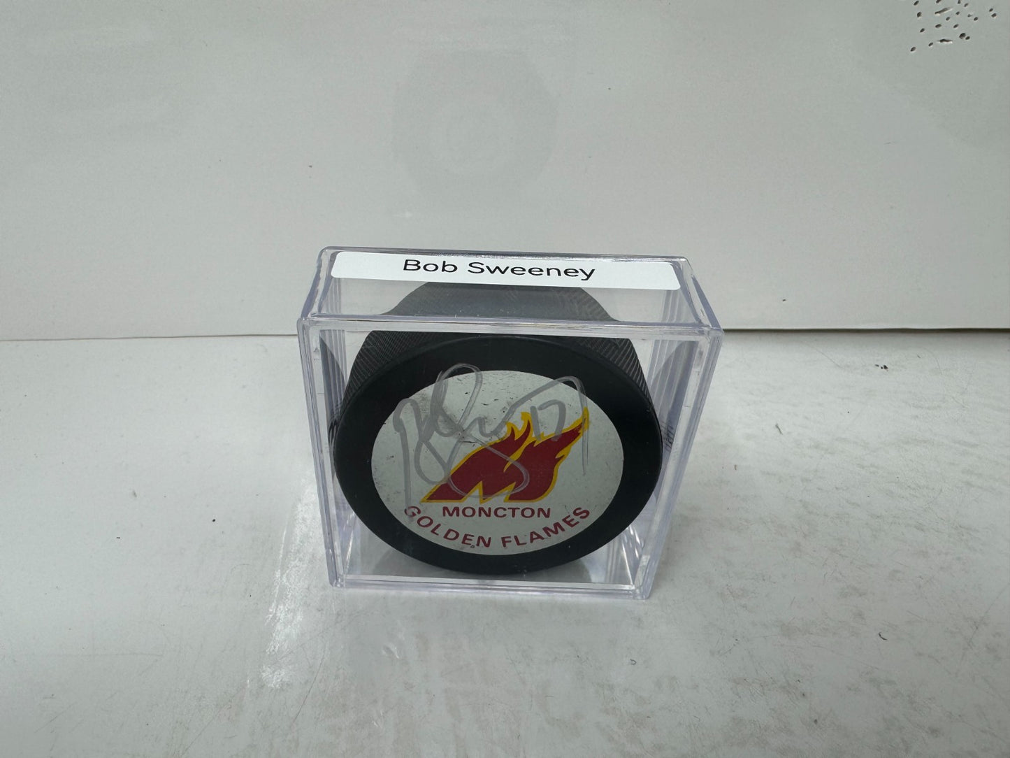 Bob Sweeney Moncton Golden Flames Signed NHL Autograph Puck Silver Auto