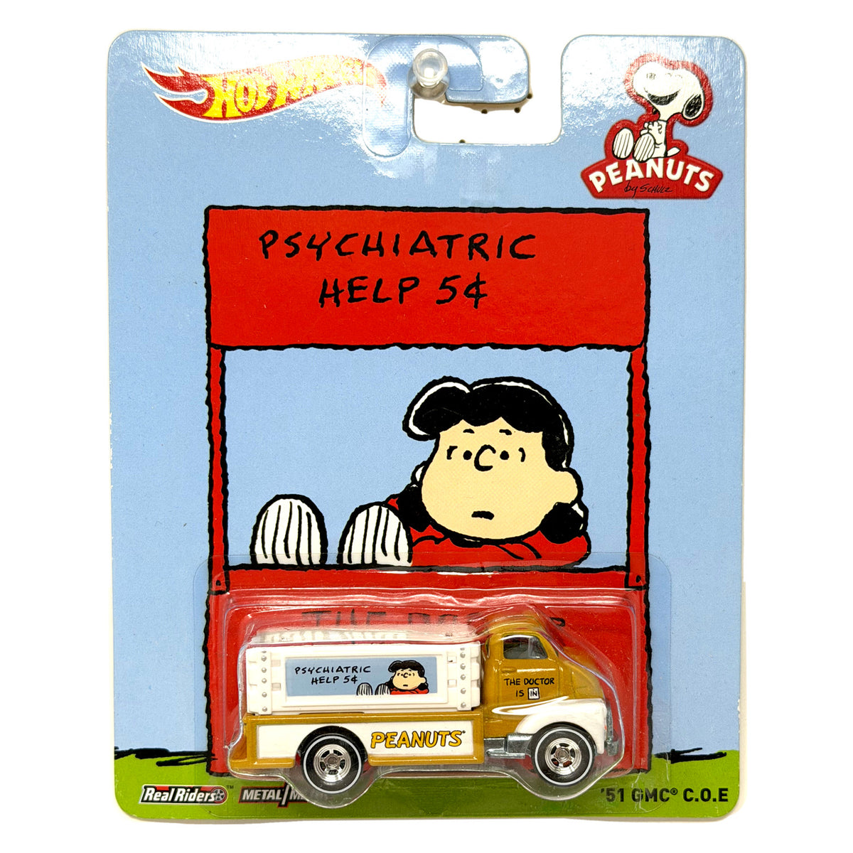 Hot Wheels Peanuts Psychiatric Help 1951 GMC C.O.E. 1:64 Diecast Real Riders