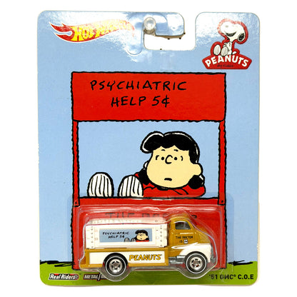 Hot Wheels Peanuts Psychiatric Help 1951 GMC C.O.E. 1:64 Diecast Real Riders