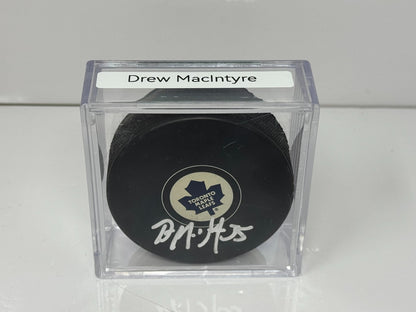 Drew MacIntyre Toronto Maple Leafs Signed NHL Autograph Puck Silver Auto
