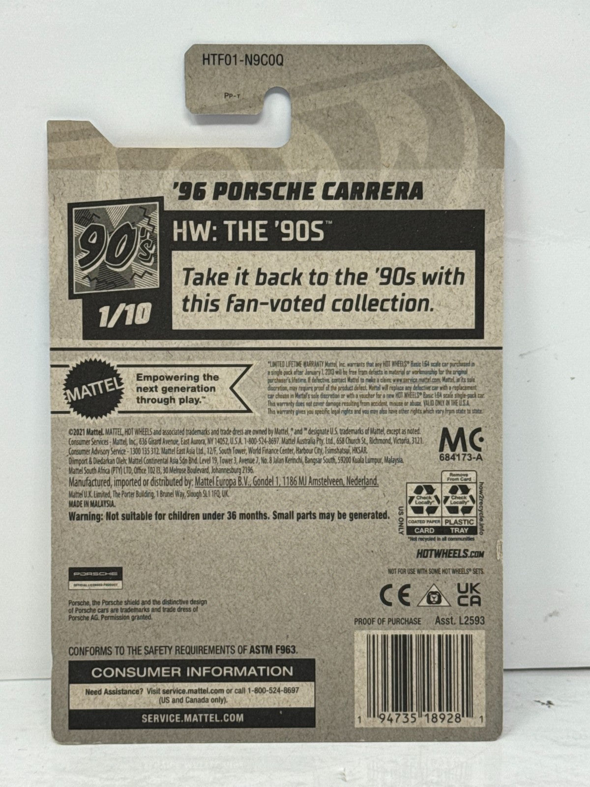 Hot Wheels The '90s 1996 Porsche Carrera 1:64 Diecast White