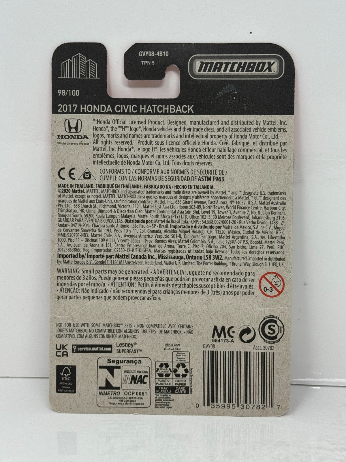 Matchbox 2017 Honda Civic Hatchback 1:64 Diecast White