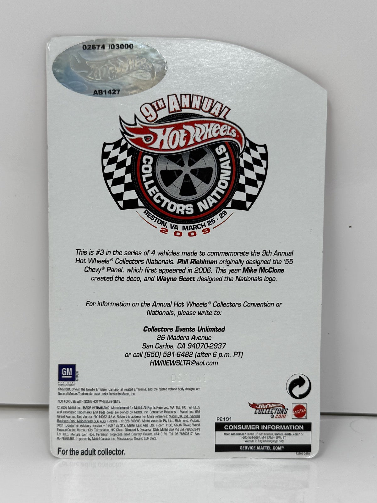 Hot Wheels 2009 9th Collectors Nationals 1955 Chevy Panel 1:64 Diecast 2674/3000