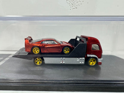 Ferrari F40 & Transporter 1:64 Diecast with Display Case has Custom Real Riders Tire & Paint Job