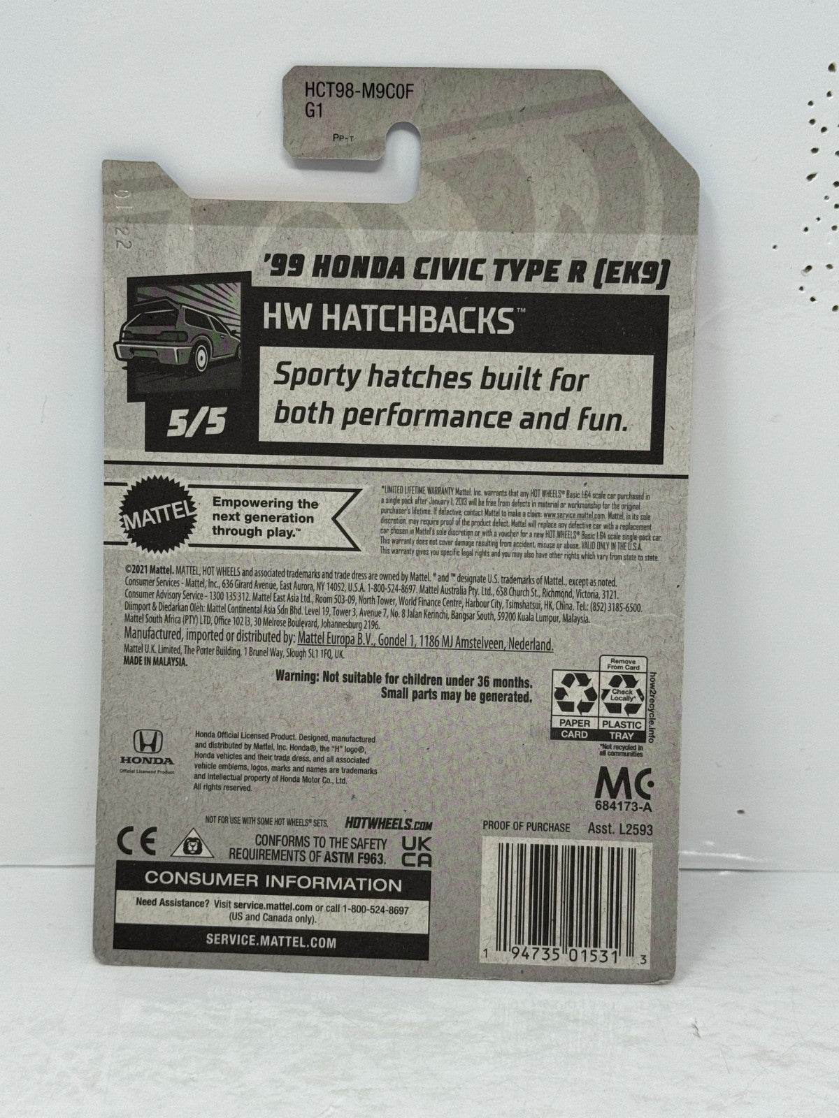 Hot Wheels Hatchbacks 1999 Honda Civic Type R EK9 1:64 Diecast