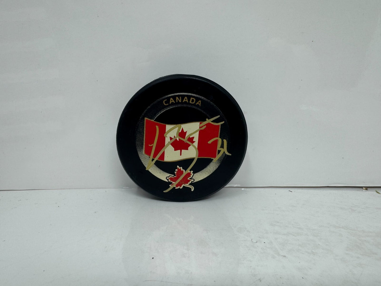 Laurent Brossoit Team Canada Signed NHL Autograph Puck Gold Auto
