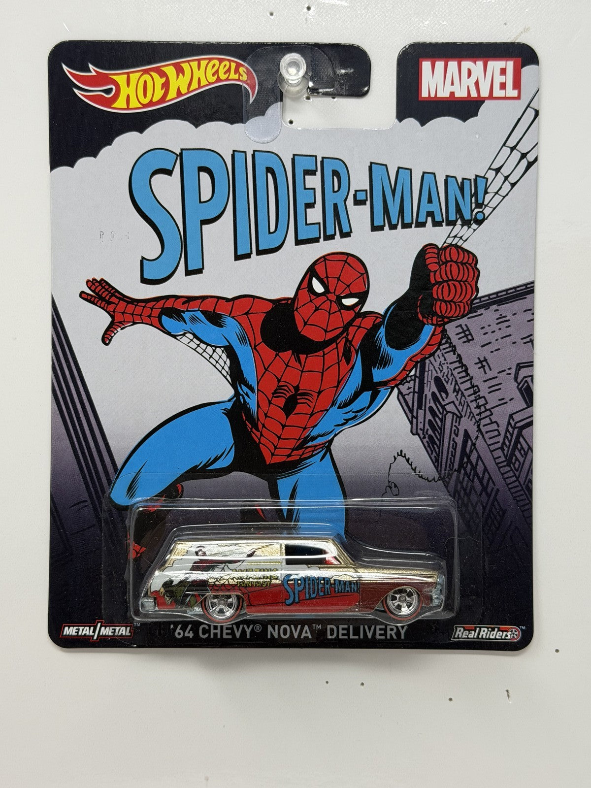 Hot Wheels Marvel Spider-Man 1964 Chevy Nova Delivery 1:64 Diecast Real Riders