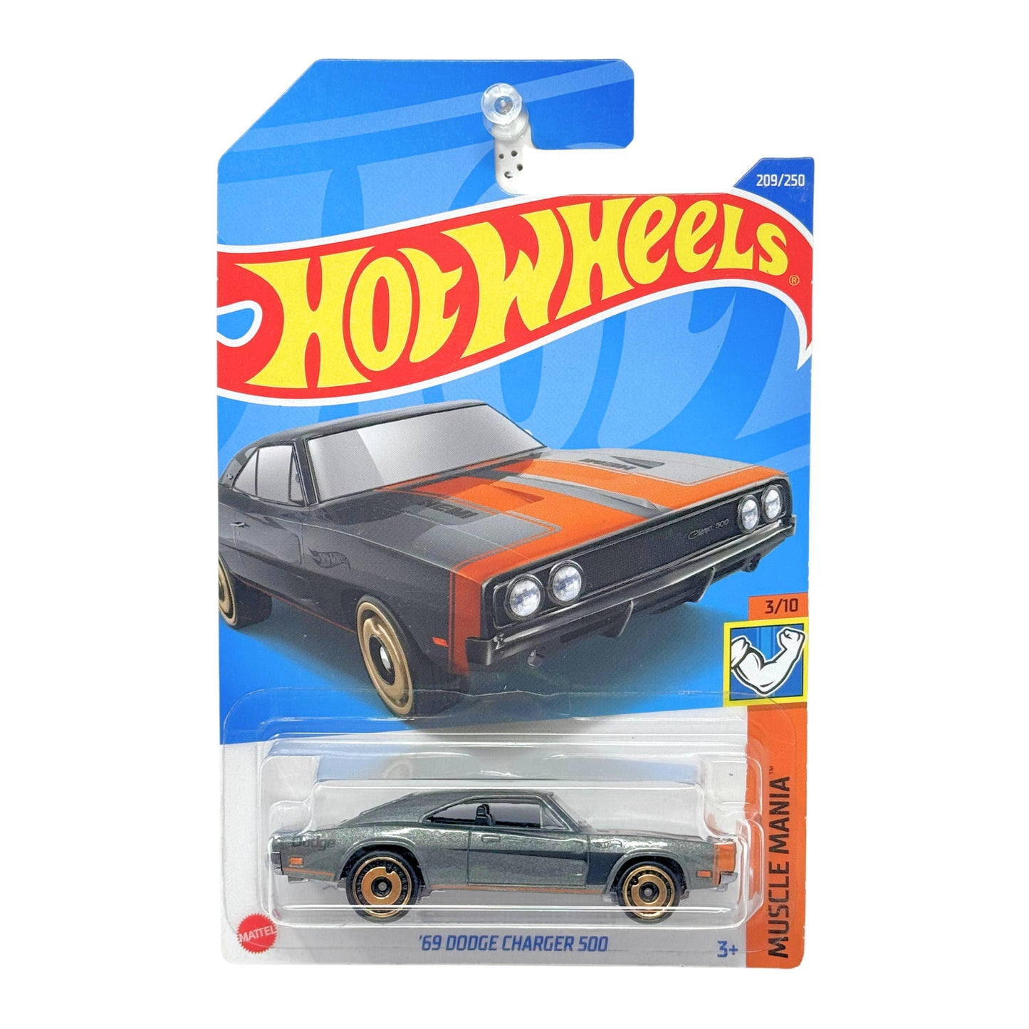 Hot Wheels Muscle Mania 1969 Dodge Charger 500 1:64 Diecast Gray Orange