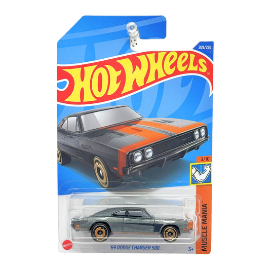 Hot Wheels Muscle Mania 1969 Dodge Charger 500 1:64 Diecast Gray Orange