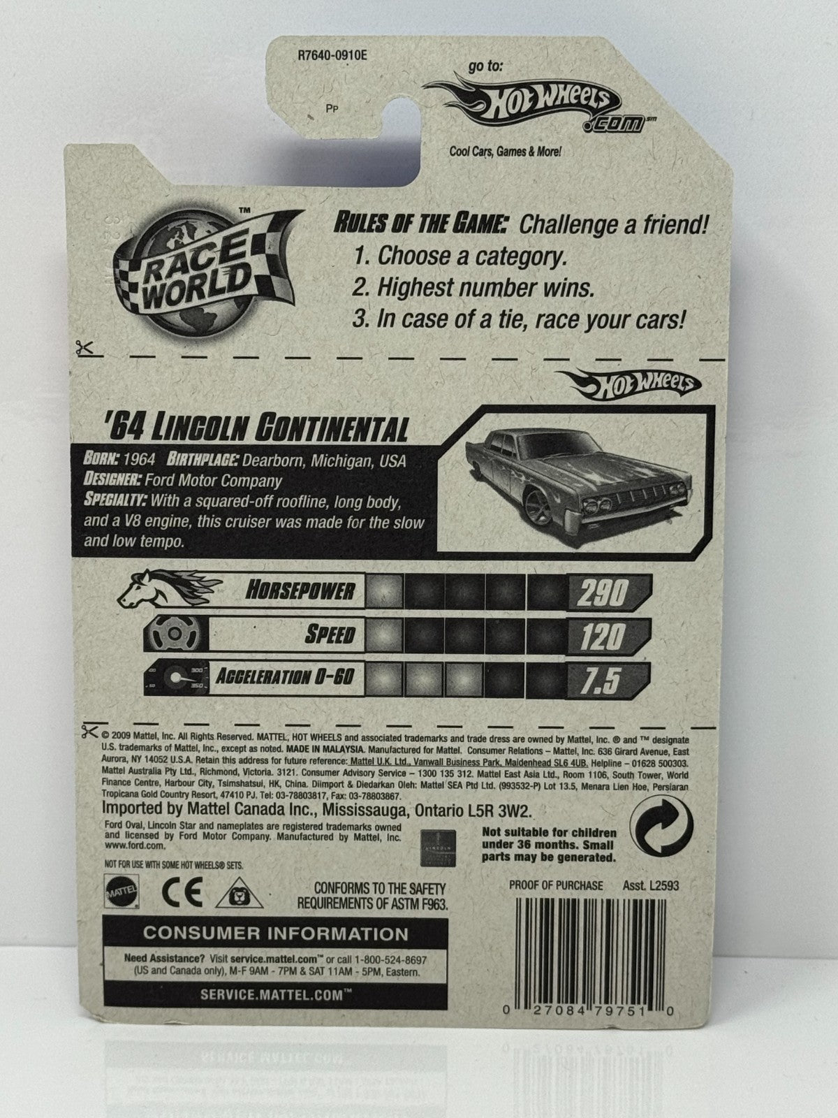 Hot Wheels Race World 1964 Lincoln Continental 1:64 Diecast Factory Sealed