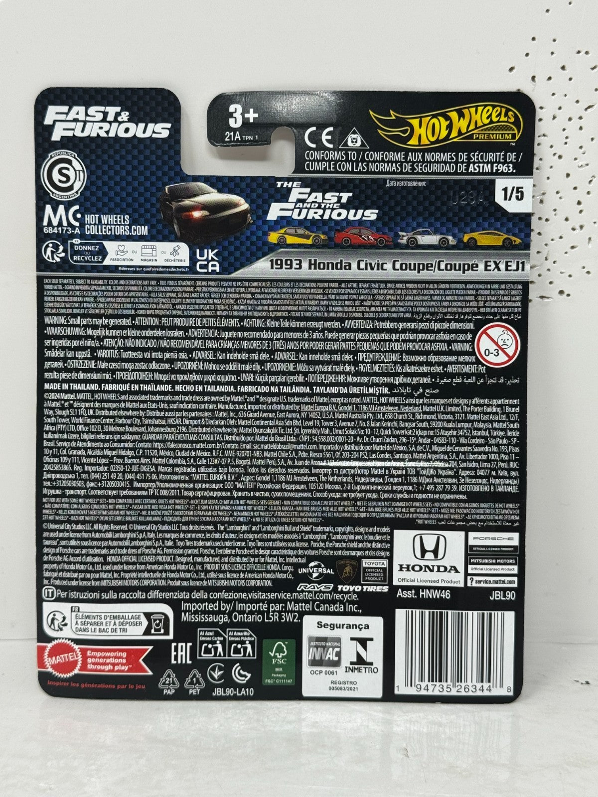 Hot Wheels Premium Fast & Furious 1993 Honda Civic Coupe EX EJ1 1:64 Diecast
