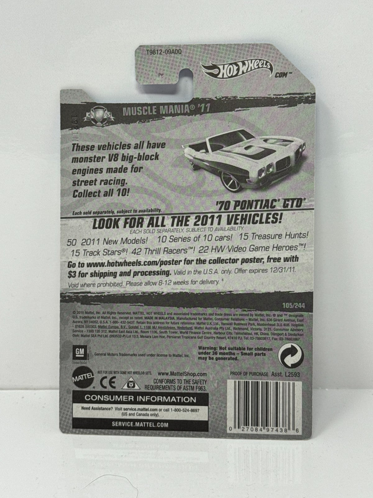 Hot Wheels Muscle Mania 1970 Pontiac GTO Convertible 1:64 Diecast Factory Sealed