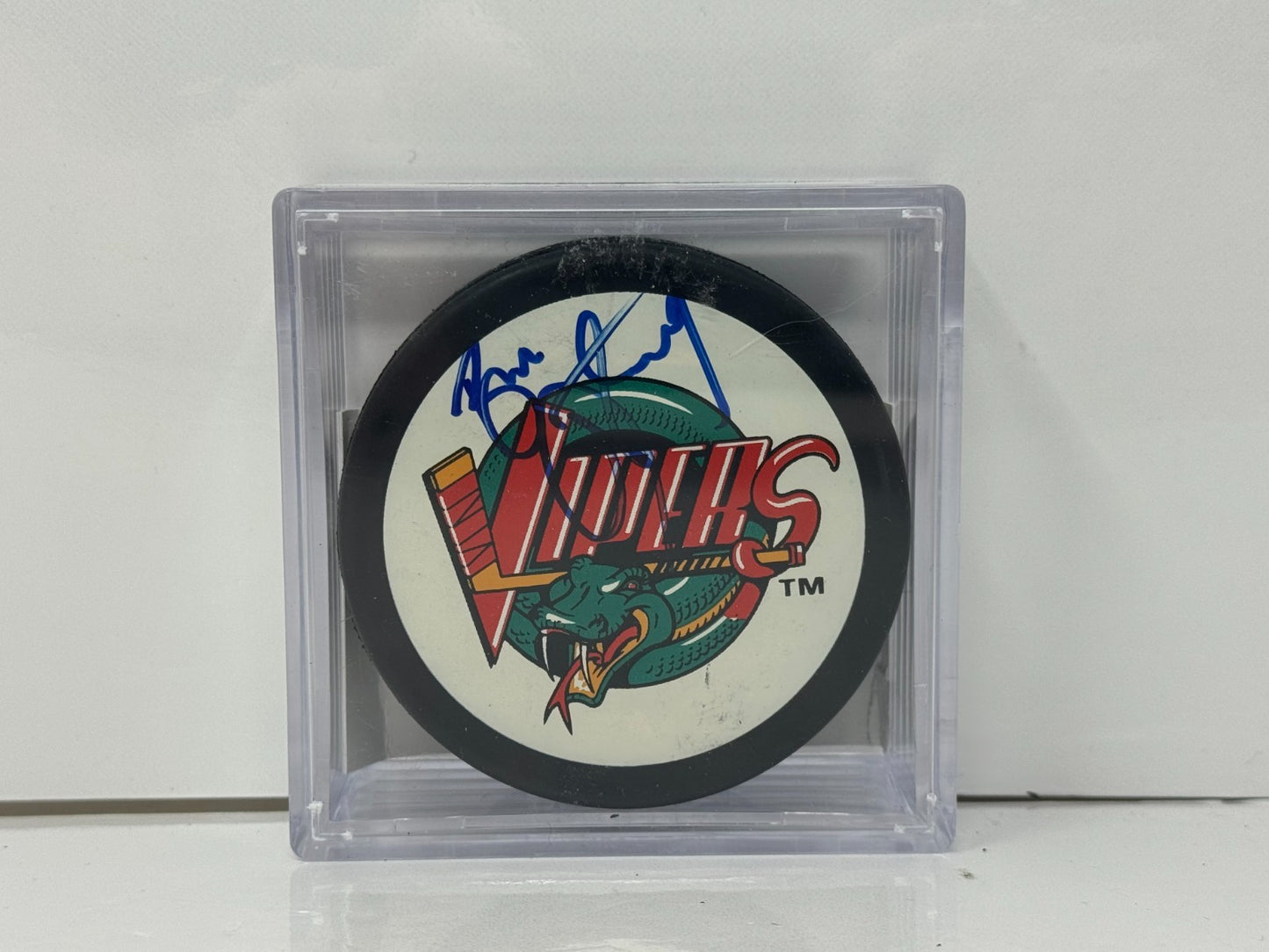 Bill Armstrong Detroit Vipers Signed Hockey Autograph Puck Blue Auto